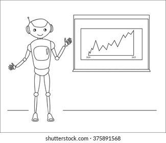 Hand drawn retro robot and the projector screen. Education, business or technology concept. Robot makes presentation. Smiling robot presents his project to the audience