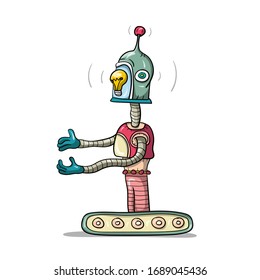 handgezeichnetes Retro-Roboter-Vektorillustration-Symbol mit Glühbirne auf Helm einzeln auf weißem Hintergrund