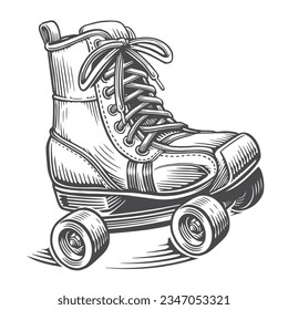 Hand drawn retro roller skates with lace. Rollerblades engraving style. Vintage sketch vector illustration