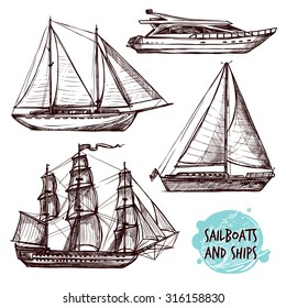 Hand drawn retro sail ships and speed boat set isolated vector illustration