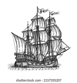 Hand drawn retro sailing ship in sea sketch. Hand drawn vector illustration in vintage engraving style