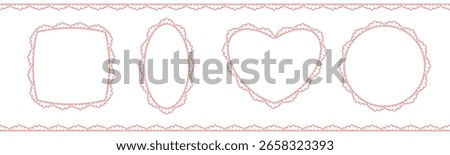 Hand drawn retro scallop frame with lace edges isolated on transparent background with copy space. Valentines pink heart, square, oval, circle shapes, lace border brush. Vector design wedding invite