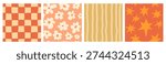 Hand drawn retro seamless pattern in 70s style. Distorted checkered, warped streaks, stars, flowers doodle. Uneven checkered drawn with pencil, trendy style. For printing, fabrics, tableware, wrapping