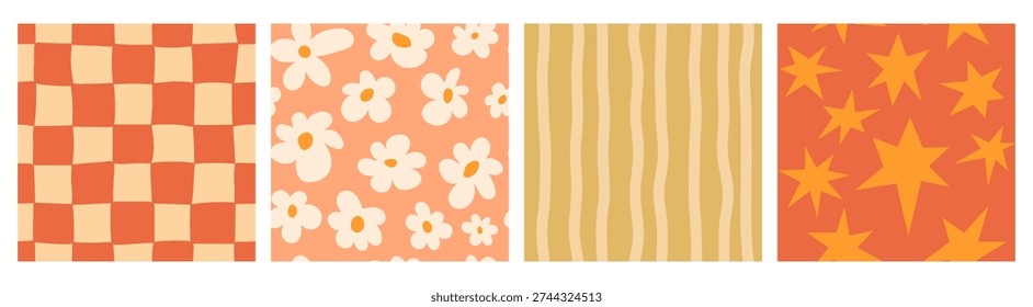 Hand drawn retro seamless pattern in 70s style. Distorted checkered, warped streaks, stars, flowers doodle. Uneven checkered drawn with pencil, trendy style. For printing, fabrics, tableware, wrapping