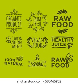 hand drawn retro set of organic product, farm fresh, raw food, healthy juice, 100% vegan menu, vegan food, healthy juice, locally grown and other natural badge