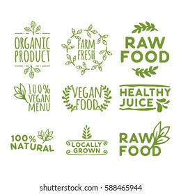 hand drawn retro set of organic product, farm fresh, raw food, healthy juice, 100% vegan menu, vegan food, healthy juice, locally grown and other natural badge