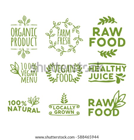 hand drawn retro set of organic product, farm fresh, raw food, healthy juice, 100% vegan menu, vegan food, healthy juice, locally grown and other natural badge