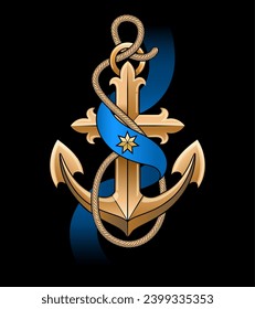 Hand Drawn Retro Ship Anchor with Ropes and Blue Ribbon. Hand Drawn vector illustration isolated on black background. No AI was used.