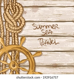Hand drawn retro ship boards of deck background with ropes and wheel