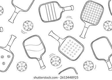 Hand drawn retro sketch of pickleball paddles and balls in minimal black outline on white background