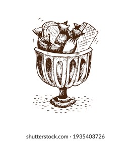 handgezeichnete Retro-Vase mit Süßigkeiten und Desserts Vektorgrafik