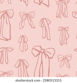 Hand drawn retro style bows seamless pattern. Design in pink colors for textile, fabric, wrapping paper, gift paper