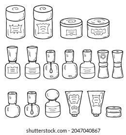 Hand drawn retro style cosmetic jars collection. Doodle vector illustration for decor and design.
