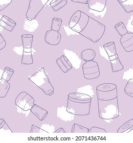 Hand drawn retro style cosmetic jars seamless pattern. Perfect for scrapbooking, poster, textile and prints. Doodle vector illustration for decor and design.
