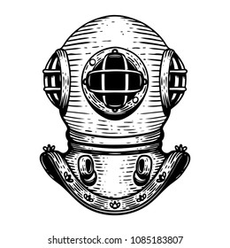 Hand drawn retro style diver helmet illustration on white background. Design elements for logo, label, emblem, sign, badge. Vector image