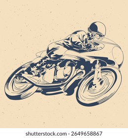 Hand drawn retro style illustration of a motorcycle racer in full speed on a vintage classic motorbike