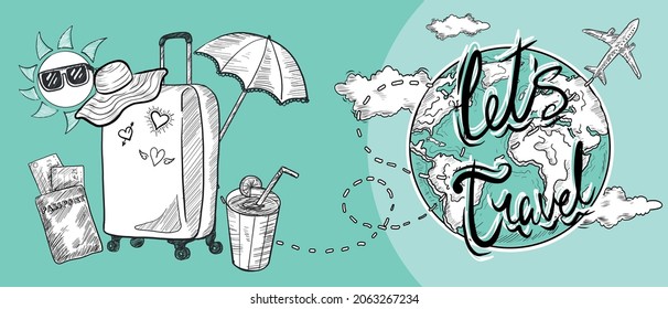 Hand Drawn Retro Style Let's Travel Vector Banner Design. Vintage Pencil Drawings. Traveling around the world stickers Traveling elements and equipments, airplane and globe earth sketch illustrations.