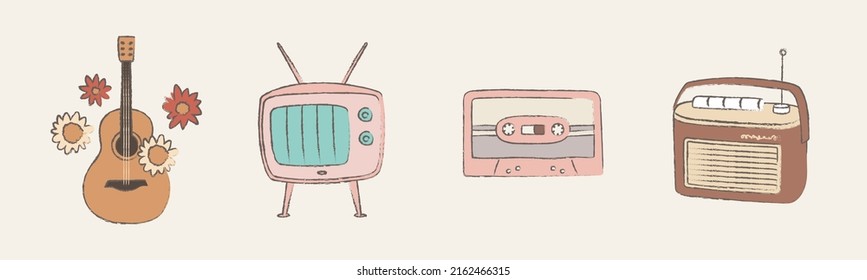 Hand drawn retro style media and musical instruments