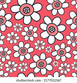 A hand drawn, retro style seamless pattern with doodle daisy flowers.
