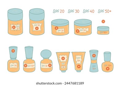 Hand drawn retro style sunscreen cosmetic jars collection. Summer skin care concept. Doodle vector illustration for decor and design.
