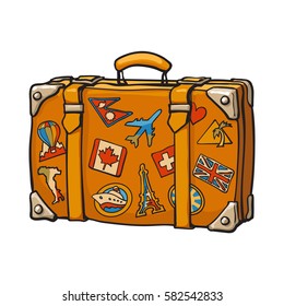 Hand drawn retro style travel suitcase with colorful labels, sketch vector illustration isolated on white background.