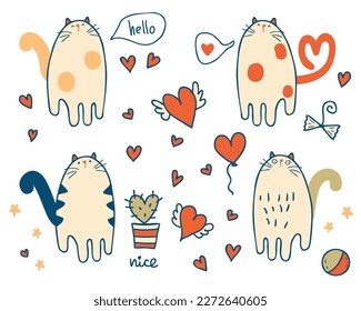 Hand drawn retro style Valentine's cat collection. Perfect for tee, stickers, poster. Isolated vector illustration for decor and design.

