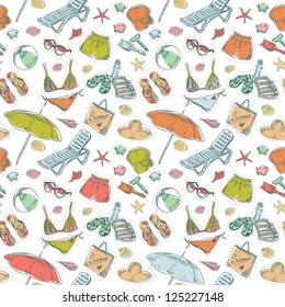 Hand drawn retro summer beach set seamless pattern