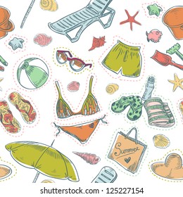 Hand drawn retro summer beach set seamless pattern