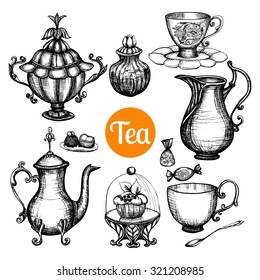 Hand drawn retro tea set with teapot cup cake isolated vector illustration