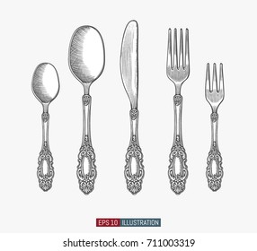 Hand drawn retro tea spoons,  forks and knife. Engraved style vector illustration. Elements for your design works.