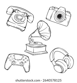 Hand drawn retro telephone, camera, headphones and gamepad. Vector illustration.