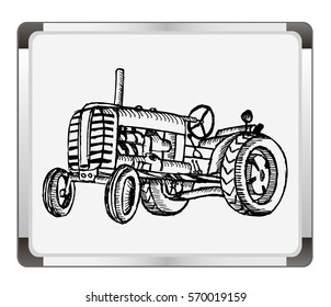 Hand drawn retro tractor on flip chart background. Vector illustration.