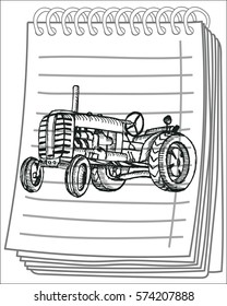 Hand drawn retro tractor on notebook background. Vector illustration.