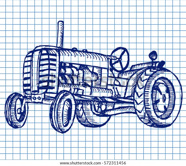 Hand drawn retro tractor on copybook\
background. Vector\
illustration.