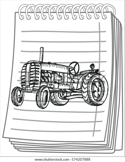 Hand drawn retro tractor on notebook\
background. Vector\
illustration.