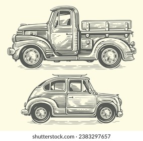 Hand drawn retro truck and car in sketch style. Vintage transport vector illustration