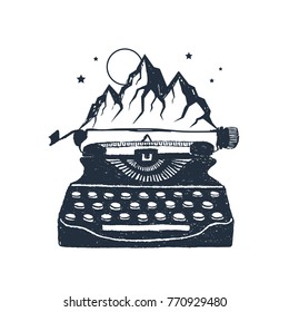 Hand drawn retro typewriter and mountain peaks textured vector illustrations.