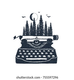 Hand drawn retro typewriter and pine forest textured vector illustrations.