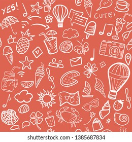 Hand drawn retro vector doodle pattern of summer and media elements. Seamless cartoonish pattern.