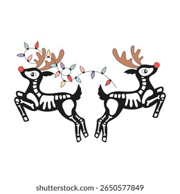 Hand Drawn Retro Vector Illustration of Two Skeletal Santa Reindeers with Red Noses and Festive Garland in a Spooky Halloween Christmas Fusion Style. Perfect for alternative holiday cards, gothic