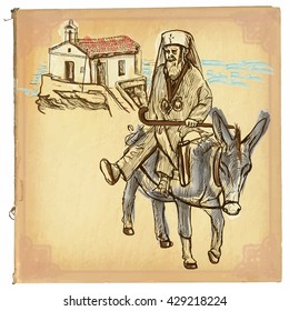An hand drawn retro vector illustration, colored line art. PRIEST. Freehand sketch of an Greece priest sitting on a donkey in front of little church. Hand drawings are editable. Vintage processing.