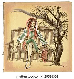 An hand drawn retro vector illustration, colored line art. TILL EULENSPIEGEL. Vintage freehand sketch of a trickster figure originating in Middle Low German folklore sitting on a bench.