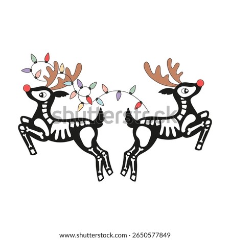 Hand Drawn Retro Vector Illustration of Two Skeletal Santa Reindeers with Red Noses and Festive Garland in a Spooky Halloween Christmas Fusion Style. Perfect for alternative holiday cards, gothic