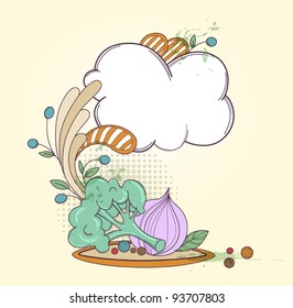 Hand drawn retro vector plate with a salad