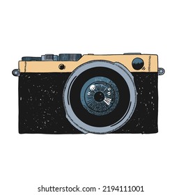 Hand drawn retro or vintage camera. Isolated vector illustration in sketch engraving style