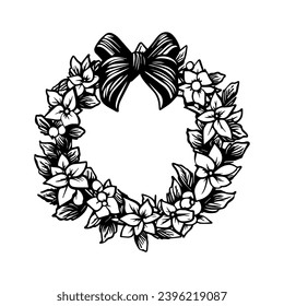 Hand Drawn Retro Vintage Christmas Wreath, in Black and White, Vector Line Art, Illustration, black outline, silhouette, 1950s mid century modern wreath, Bow Wreath