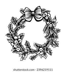 Hand Drawn Retro Vintage Christmas Wreath, in Black and White, Vector Line Art, Illustration, black outline, silhouette, 1950s mid century modern wreath, Bow Wreath