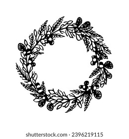 Hand Drawn Retro Vintage Christmas Wreath, in Black and White, Vector Line Art, Illustration, black outline, silhouette, 1950s mid century modern wreath, Bow Wreath