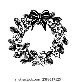 Hand Drawn Retro Vintage Christmas Wreath, in Black and White, Vector Line Art, Illustration, black outline, silhouette, 1950s mid century modern wreath, Bow Wreath