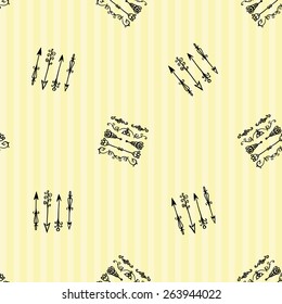 Hand drawn retro and vintage forged arrow and border decoration items. Set of isolated rustic wedding decorative symbols and elements. Black outline sketch on white background